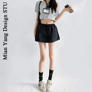 棉洋复古抽绳蓬蓬感减龄牛仔短半裙甜妹低腰防走光插兜牛仔a字裙