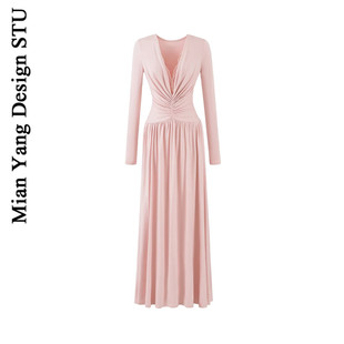 棉洋气质性感蕾丝深v长袖 褶皱收腰高个子大长裙 显瘦a字连衣裙法式