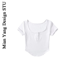 棉洋街头辣妹大u领短袖 bm风复古弧边三粒扣显瘦露腰短T恤 紧身T恤