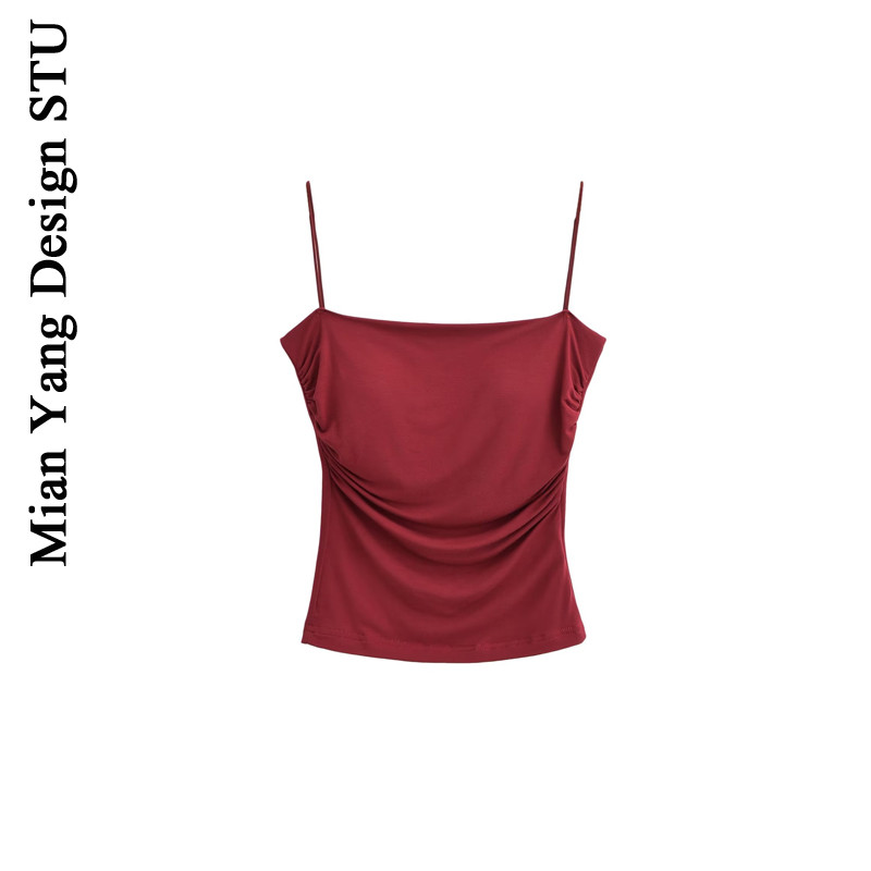 颜色多褶皱胸垫吊带小背心