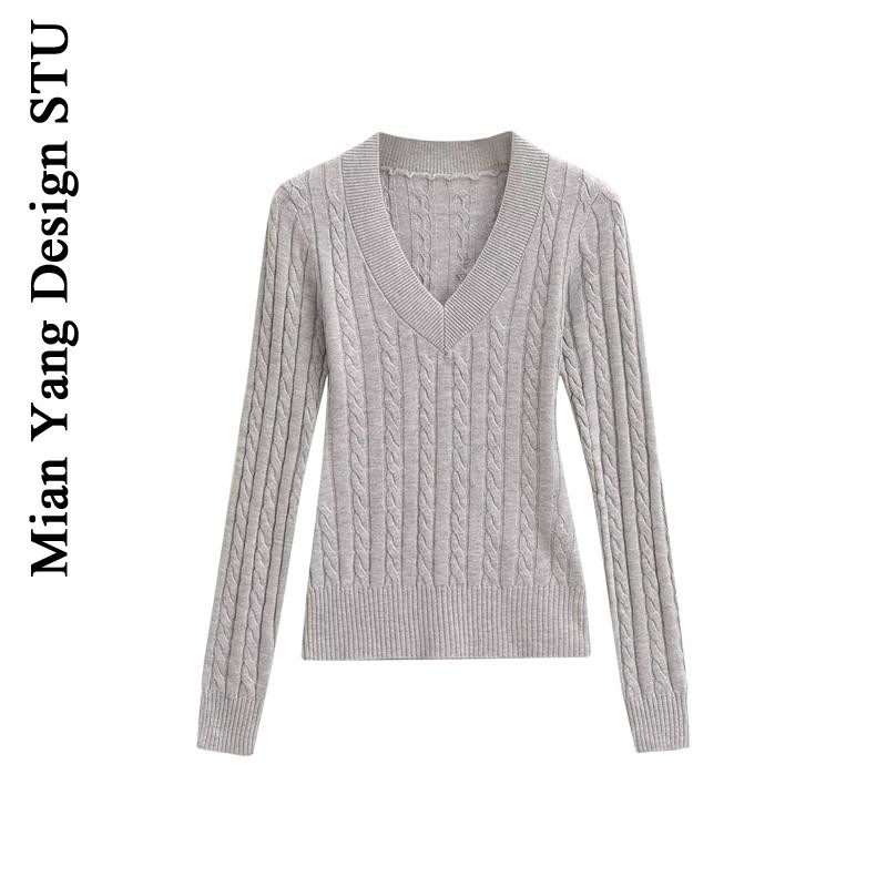 棉洋复古英伦学院风休闲针织衫女 春季v领麻花减龄显瘦百搭打底衫