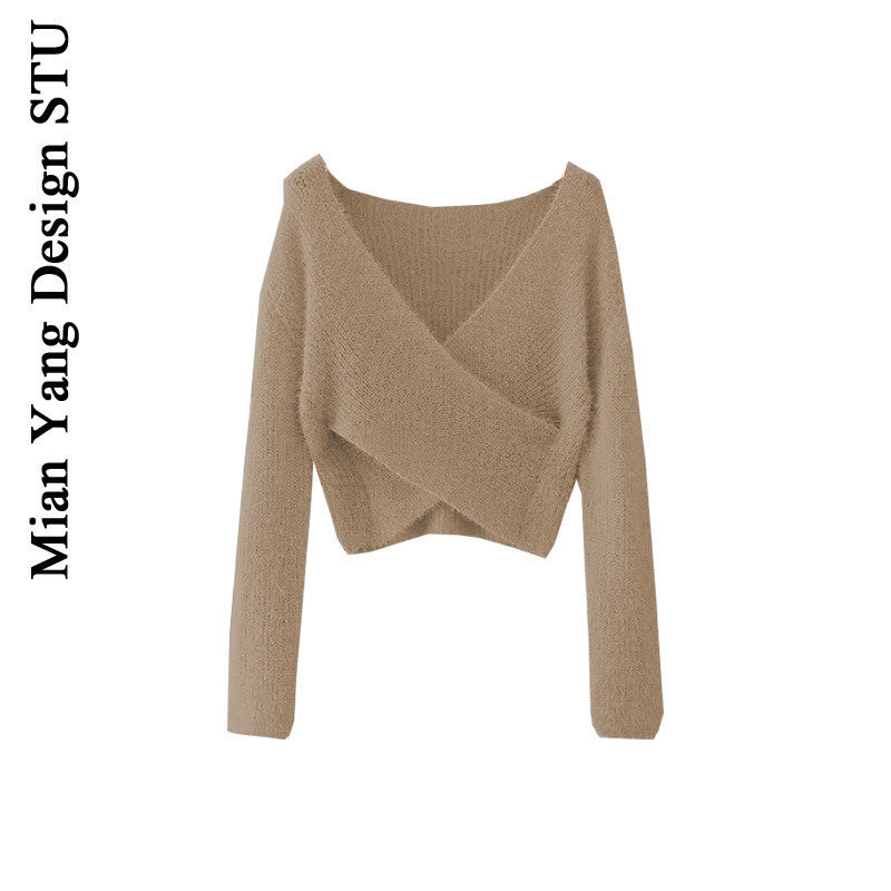 小众炸街短款毛衣女秋冬露脐交叉宽松外穿性感针织露肩上衣慵懒风