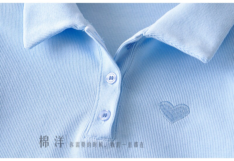 MIANYANG 여름 반팔 미국 대학 스타일 티셔츠 기본 폴로 칼라 짧은 자수 사랑 탑 여성 트렌드
