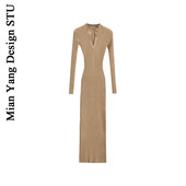 棉洋复古气质v领修身 坑条包臀针织裙 ins女神长袖 长款 连衣裙秋新款