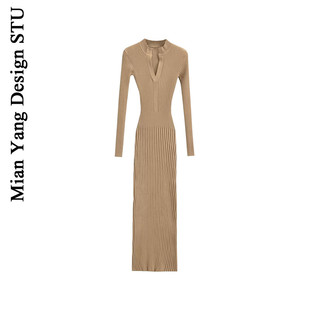 ins女神长袖 连衣裙秋新款 坑条包臀针织裙 长款 棉洋复古气质v领修身