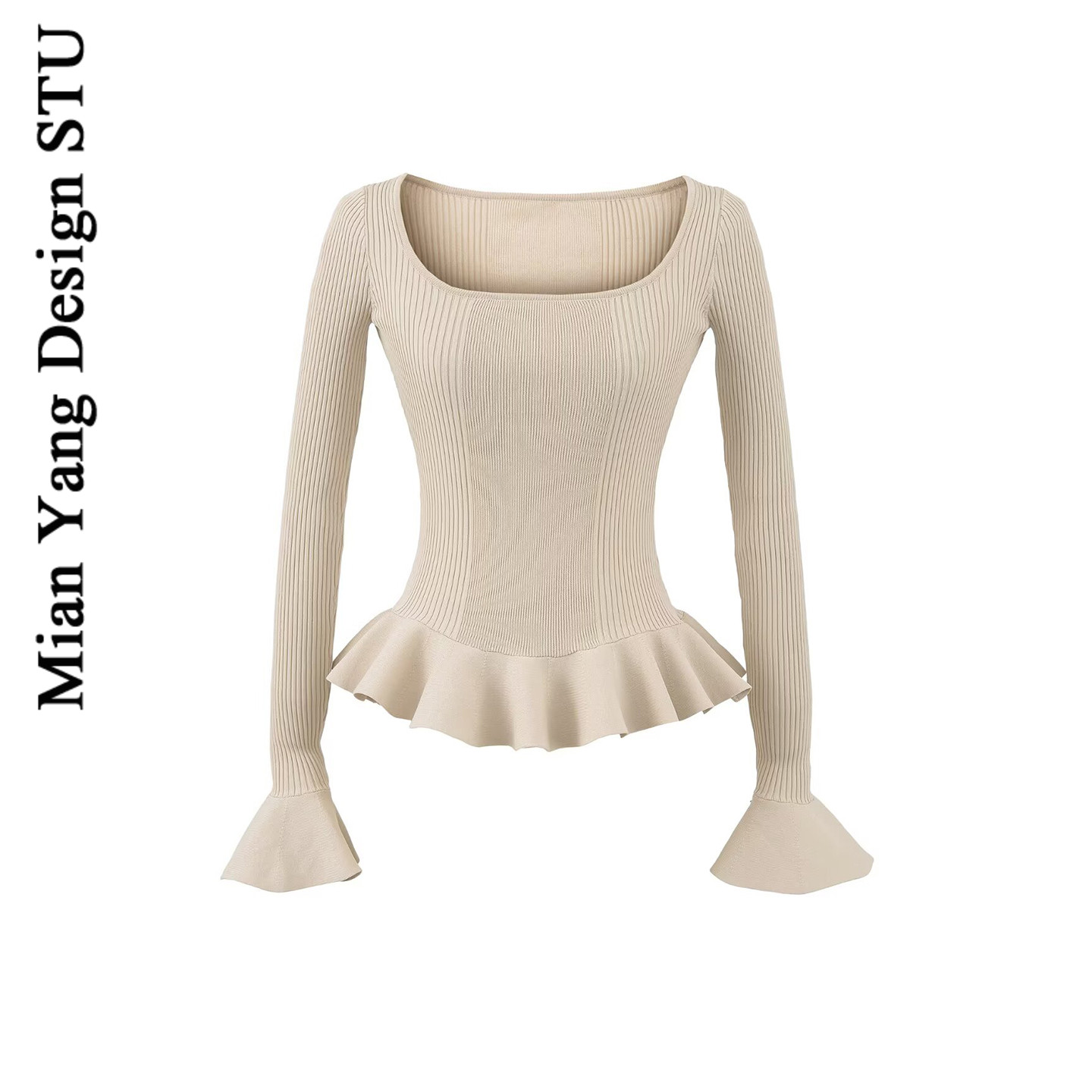 气质复古u领荷叶边打底针织衫女