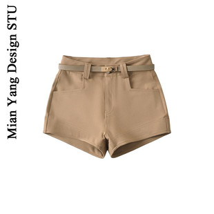 显瘦卡其色热裤 女高腰老钱风辣妹包臀腰带款 复古休闲短裤 棉洋美式