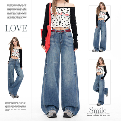 高品质2026新款复古高腰宽松做旧春夏弯刀直筒阔腿拖地牛仔裤女