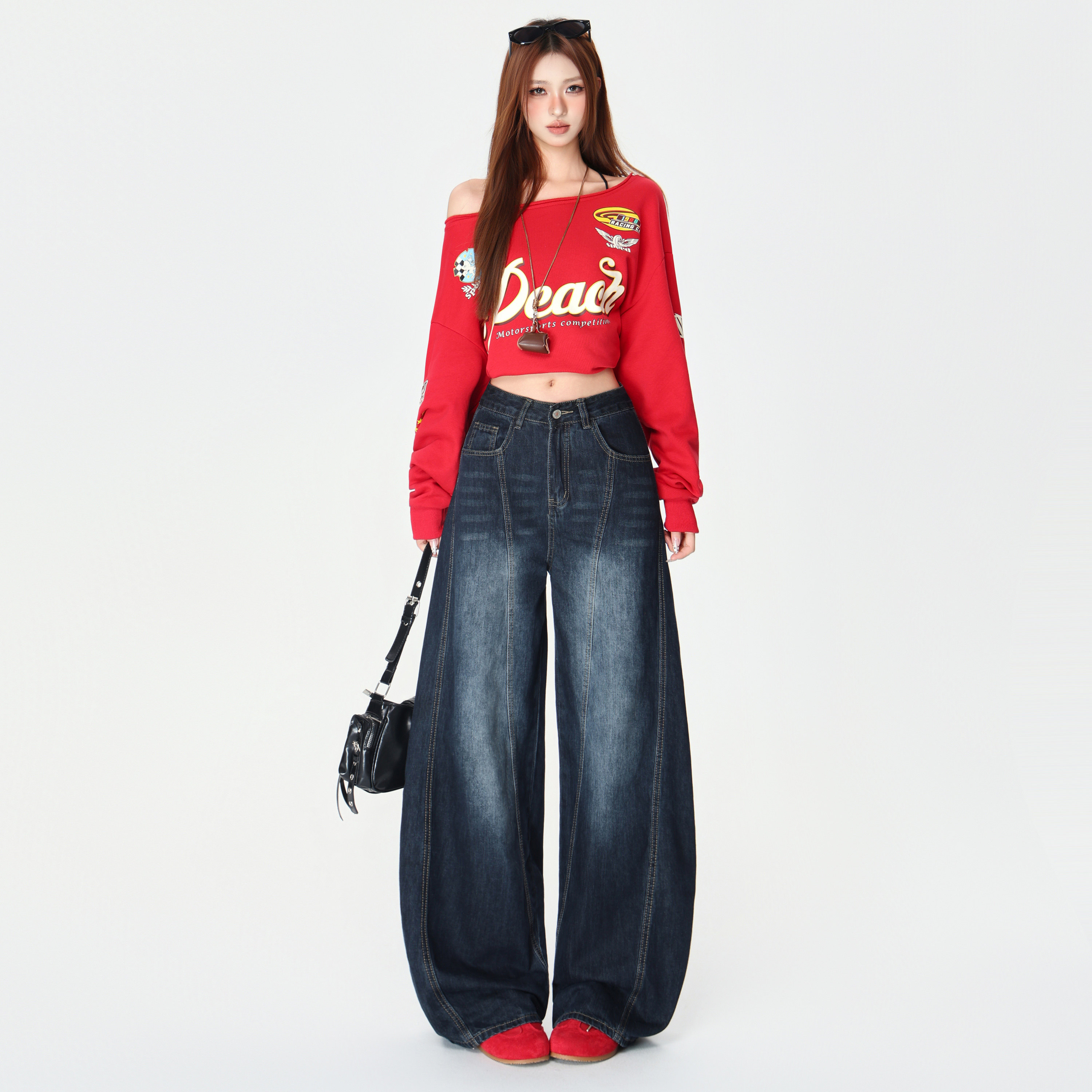 美式复古刺绣弯刀阔腿牛仔裤女秋季新款高腰直筒宽松拖地裤,女装/女士精品,牛仔裤,淘宝优惠券,粉丝福利购,淘宝优惠卷