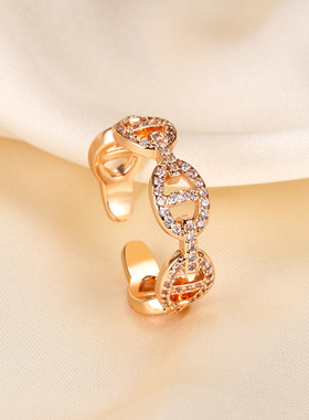 高品质镀真金猪鼻子镶钻锆石开口戒指简约百搭欧美时尚潮个性新款