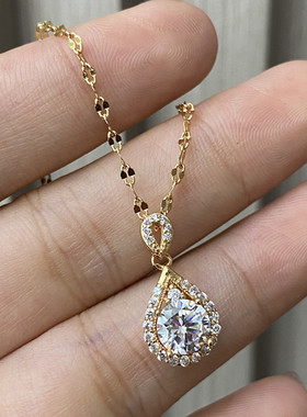 超闪灵动锁骨链钛铜钱袋镶钻吊坠香槟金色时尚高贵大气送女友礼物