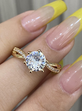 新款超闪两克拉六爪仿真钻戒指香槟金镶钻气质时尚送女友礼物钻戒