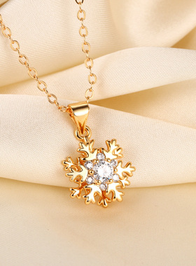 香槟金新款日韩锆石微镶满钻旋转雪花钢项链雪花锁骨链颈链
