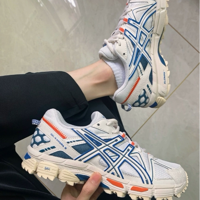 亚瑟士ASICS男女回弹耐磨透气越野跑鞋 GEL-KAHANA 8 米色/蓝色