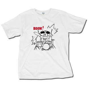 摇滚小狗趣味恶搞美式手绘架子鼓圆领男女短袖T恤纯棉宽松上衣