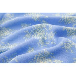 薄款垂感 矢车菊蓝色复古图腾花朵全棉布料 连衣裙旗袍汉服面料