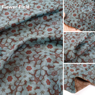 垂感不透 复古蓝棕色小花印花香云纱真丝面料旗袍衬衫布料diy