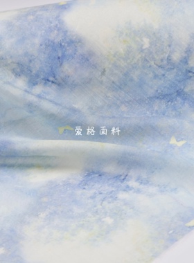 柔软半透 梦幻蓝色晕染小蝴蝶印花天丝麻面料连衣裙设计师布料diy
