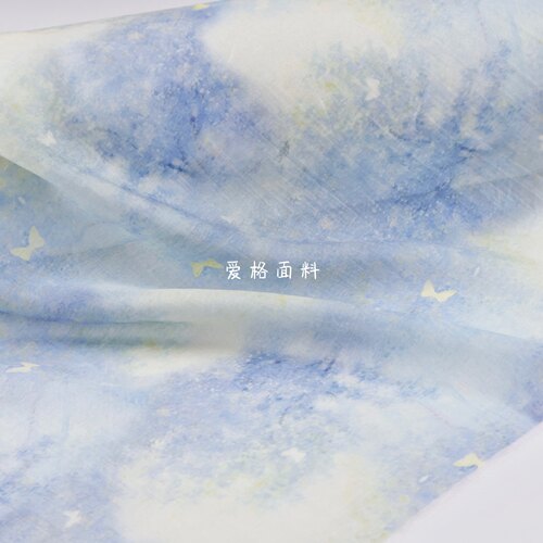 柔软半透 梦幻蓝色晕染小蝴蝶印花天丝麻面料连衣裙设计师布料diy