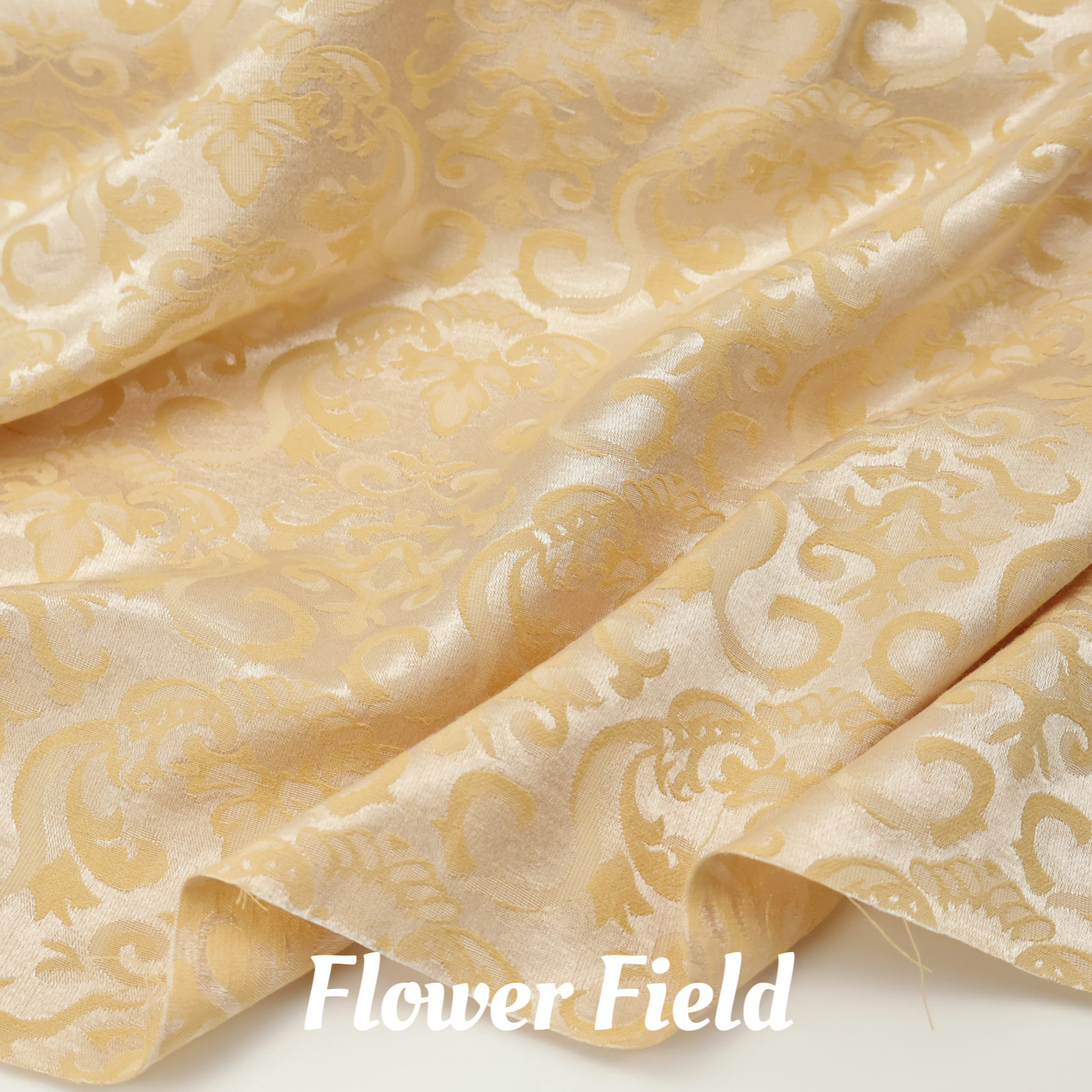 新中式 香槟黄缎面光泽织锦涤棉提花面料套装旗袍古装连衣裙布料
