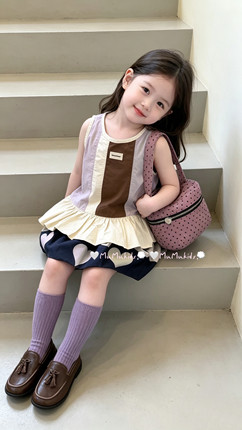 Ido女童背心裙套装新款韩版儿童刺绣花边背心+半身裙两件套