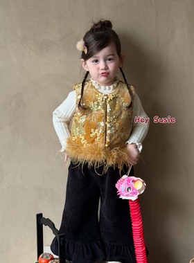 25新款女童新中式国风盘扣加绒古风马甲背心喇叭裤阔腿裤套装7712