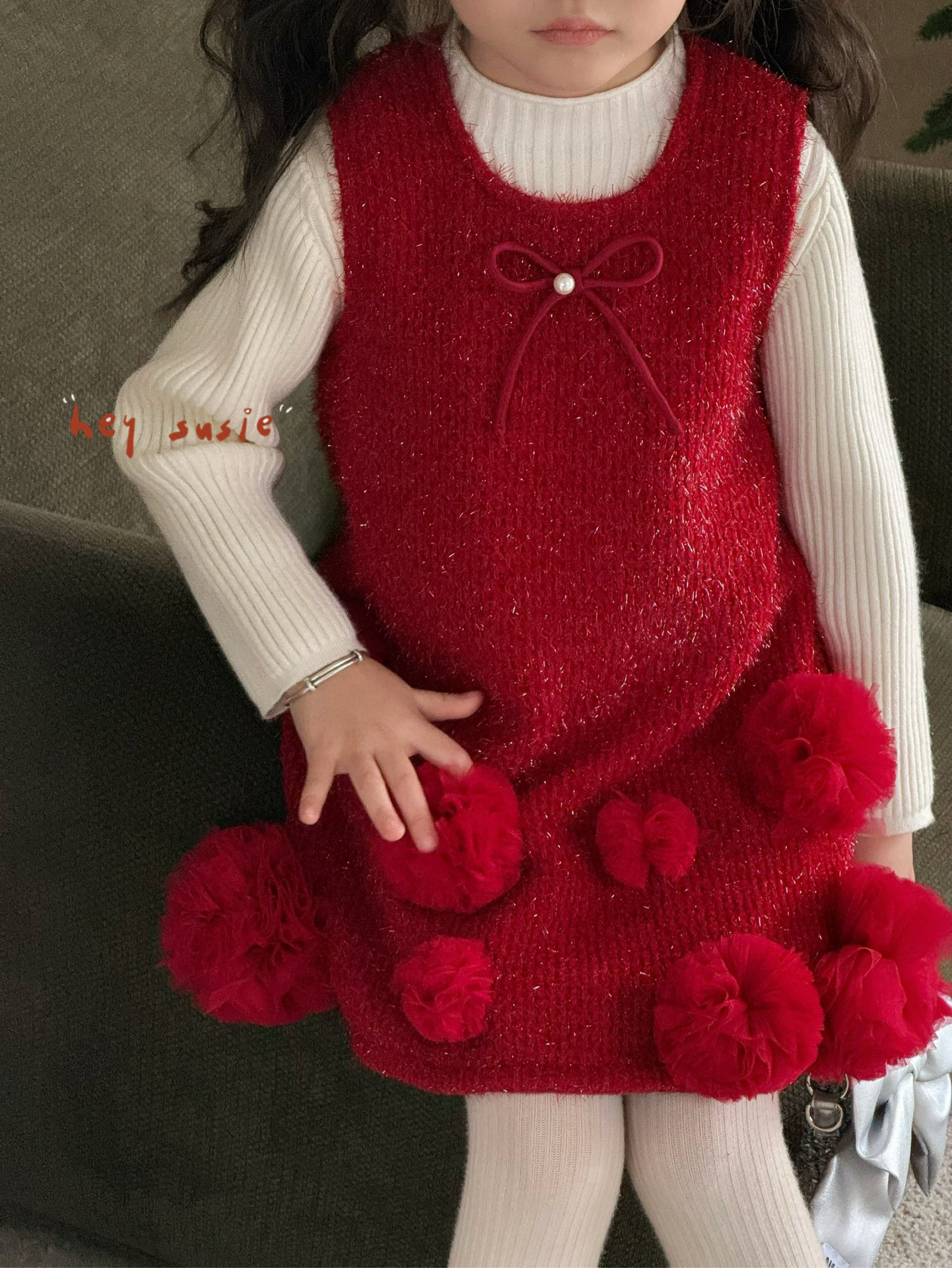 苏西连衣裙秋冬新款儿童圣诞新年小香风背心裙大花朵儿公主裙5290