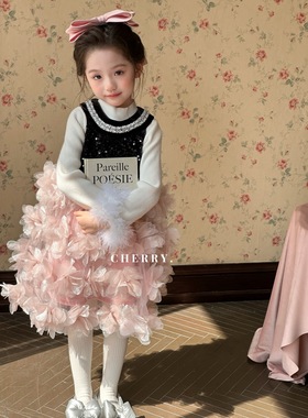cherry樱桃正版女童重工花瓣秋冬加厚新年公主打底衫连衣裙6772