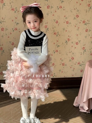cherry樱桃女童重工花瓣秋冬加厚繁花新年公主打底衫连衣裙6772