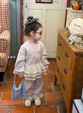 Opolala25秋冬现货女童洋气可爱休闲加绒拼接蕾丝卫衣卫裤套装051