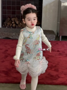Nc2025新款女童新中式国风盘扣加绒古风马甲背心裙纱连衣裙nop039