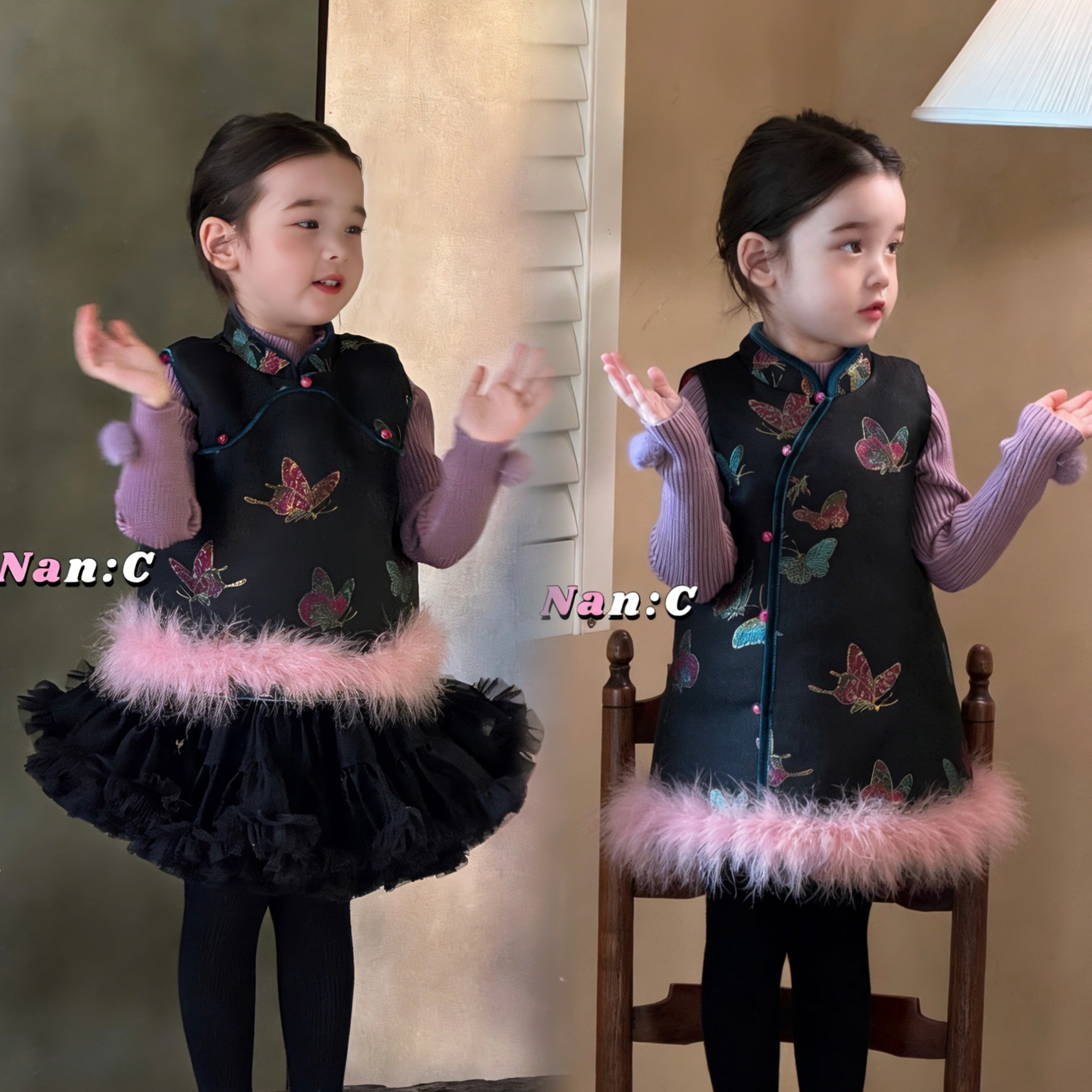 Nc26新款女童新中式国风盘扣加绒古风马甲背心裙连衣裙套装蓬蓬裙