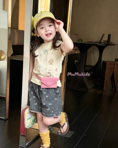 Idol女童背心花苞短裤套装新款韩版儿童刺绣花边阔腿裤两件套6009
