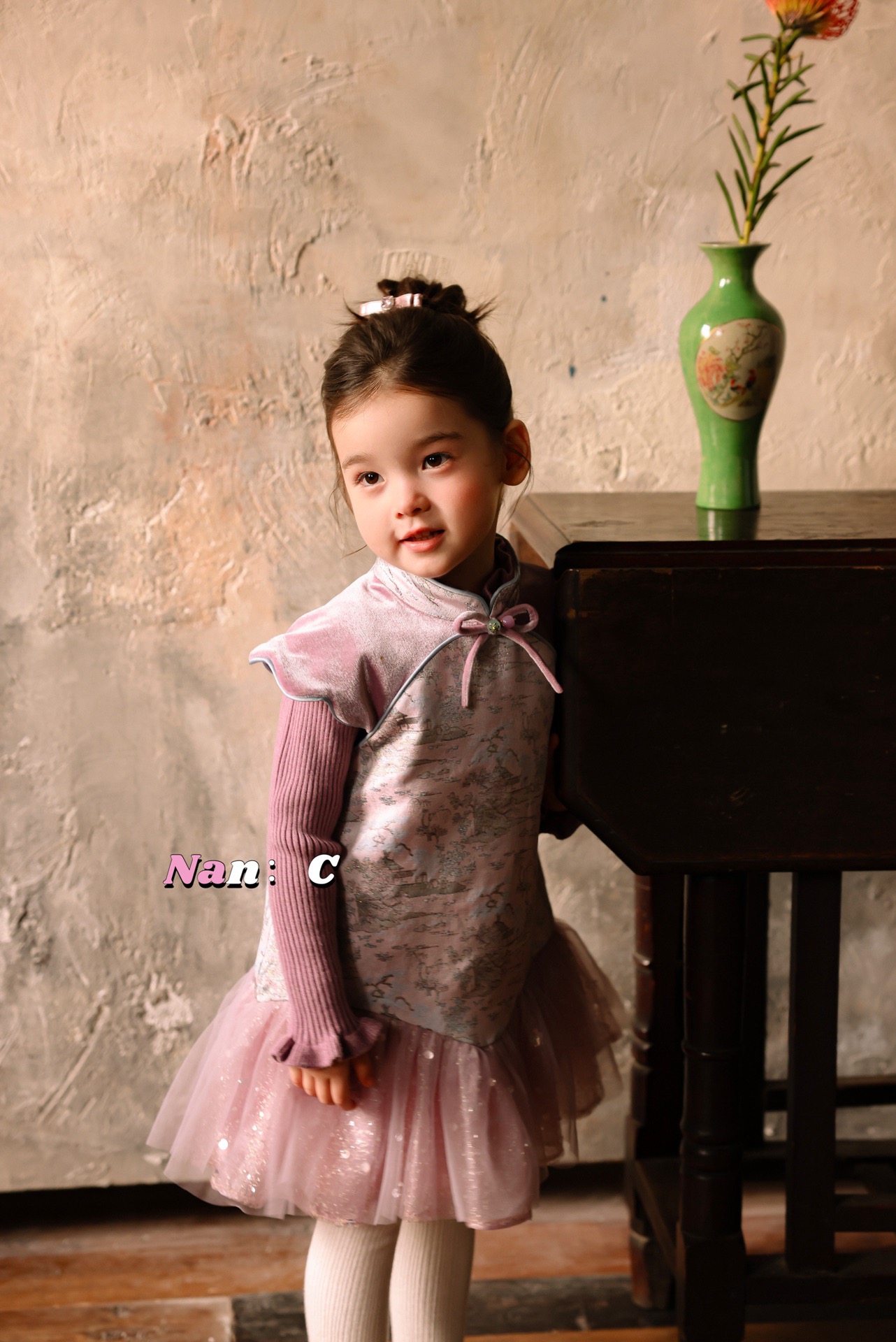 Nan.c女童25新中式夹棉年服加厚保暖牛仔亮片蕾丝纱裙旗袍裙