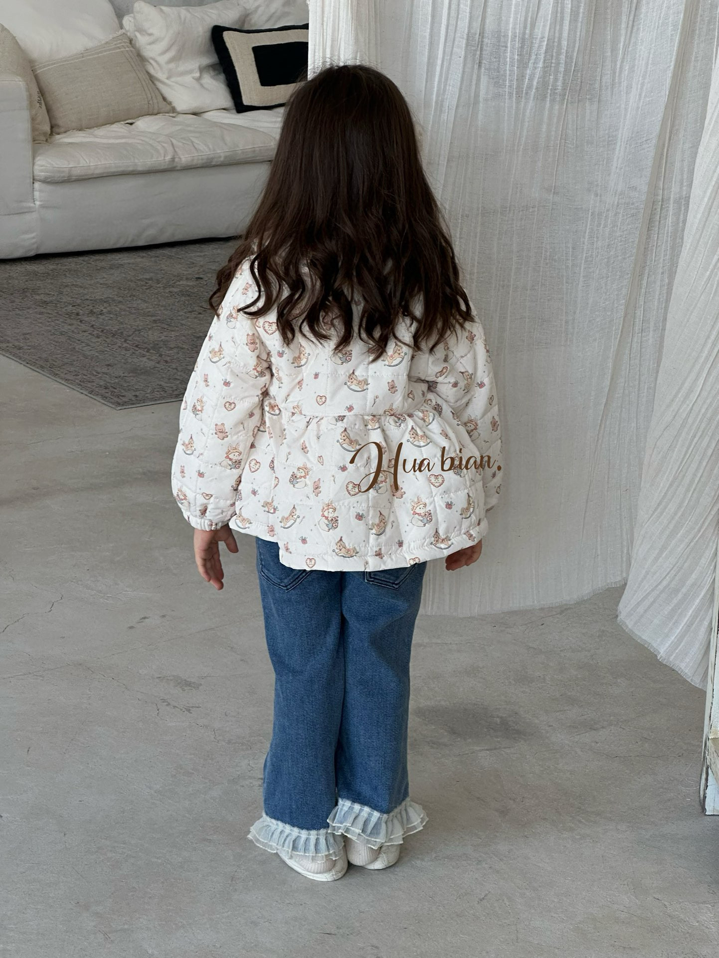 花编a类女童裤子秋冬款24新款冬一体绒牛仔裤加绒直筒喇叭裤6050