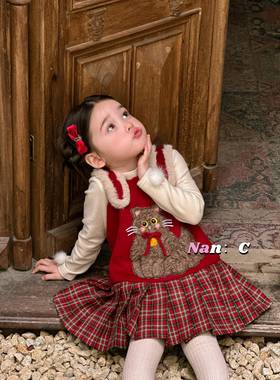 NanC2026 新款女童新年战袍羊毛猫咪刺绣红格宝宝过年服连衣裙014
