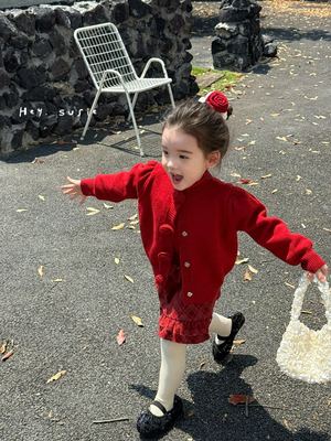 苏西童装女童半身裙25年秋冬新款甜美格子短裙红色小毛衣开衫5123