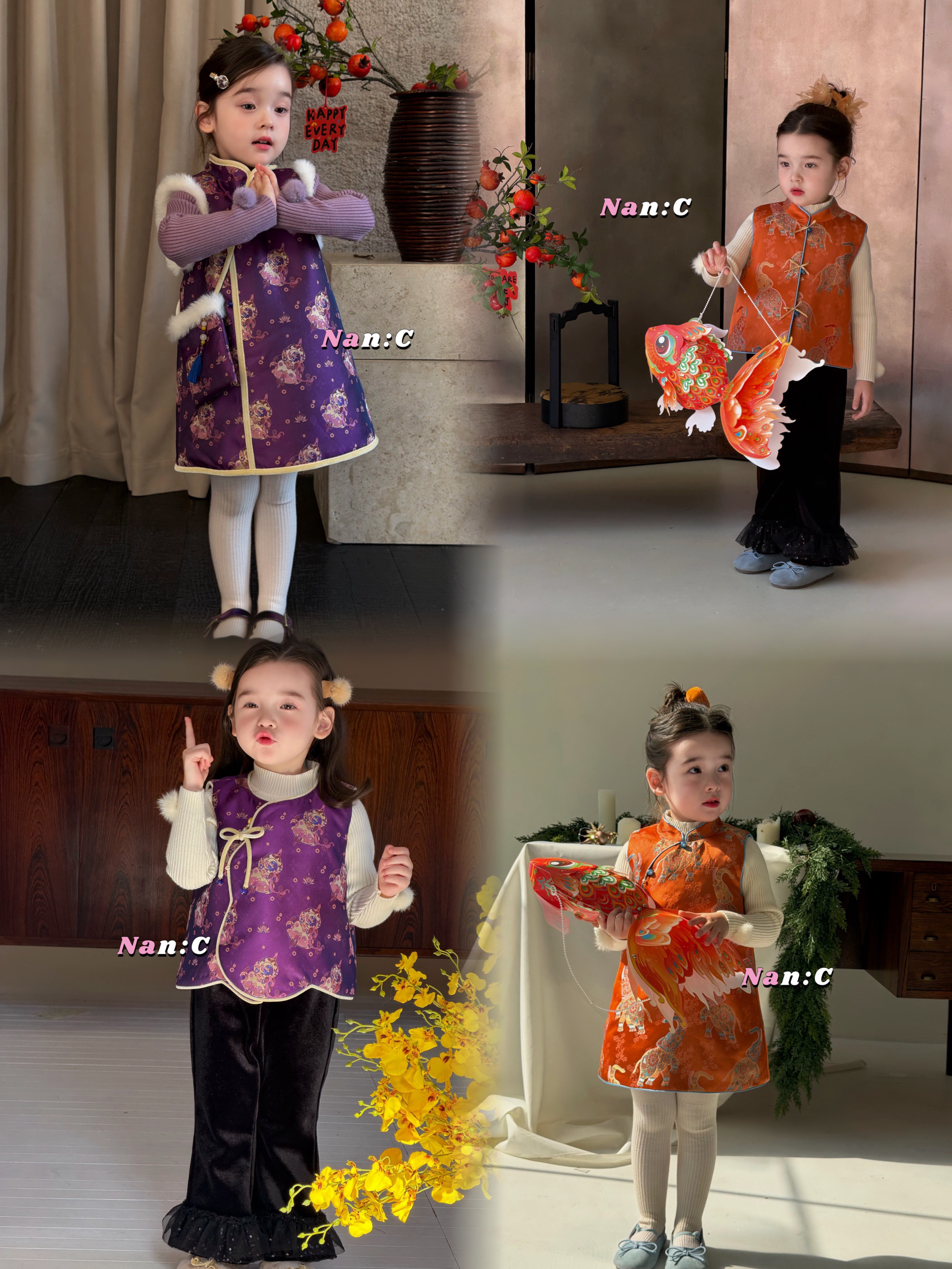Nc现货2025新款女童新中式国风盘扣加绒古风马甲背心裙喇叭裤套装