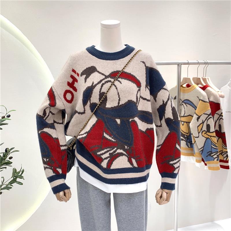 New style stitching fake two piece sweater female cartoon duck loose ins outer knitted top