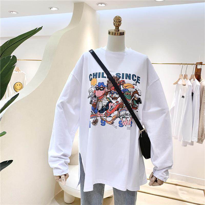 New style plush cartoon printed crew neck T-shirt women's loose long sleeve oversized top