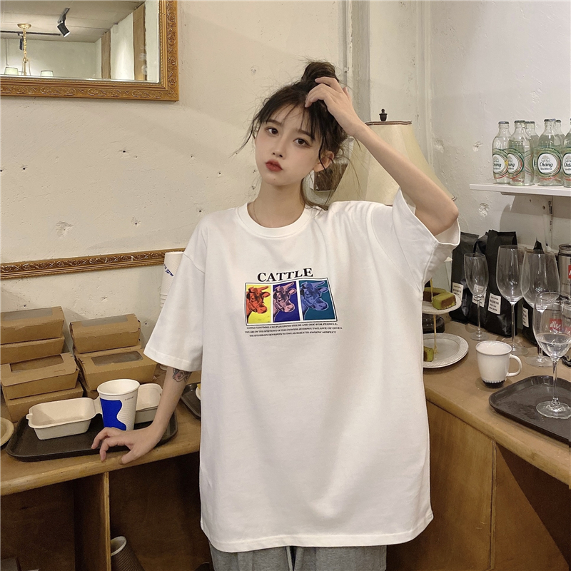 Real photo 2021 new cotton printed short sleeve T-shirt women's summer loose medium length top