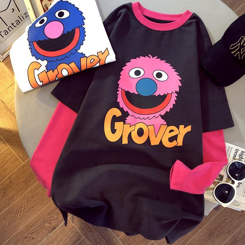 2021 spring new fake two-piece T-shirt women's cartoon print splicing long sleeve loose fit casual large size top fashion