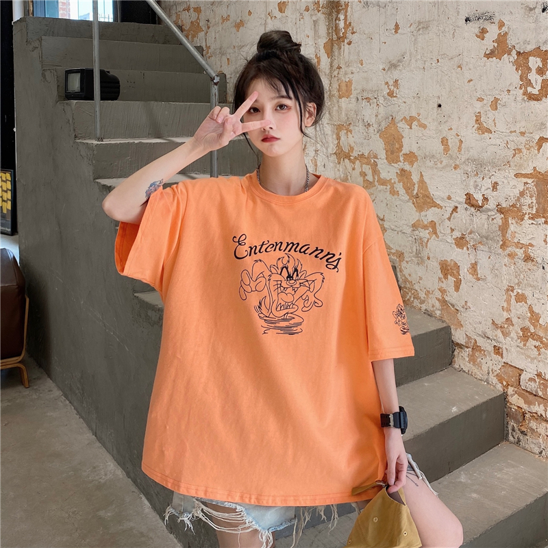 Real photo 2021 new summer loose print large medium and long print short sleeve T-shirt for women