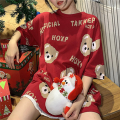 實拍純棉新款小熊滿印短袖恤女韓版寬鬆大碼百搭學生上衣潮