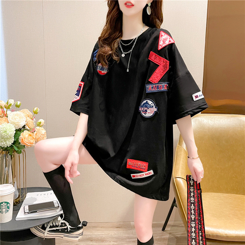 New Korean version heavy industry embroidered large size women's Short Sleeve T-Shirt