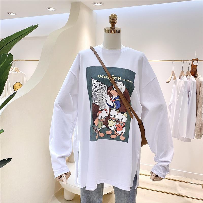 New cartoon print Plush crew neck T-shirt women's loose long sleeve oversized top