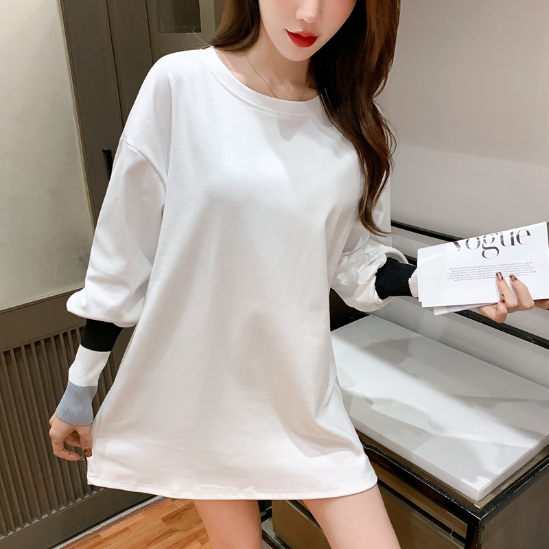 Real shot cotton fleece T-shirt women's spring and autumn knitted sleeve stitching sleeve versatile buttock covering medium and long bottomed shirt fashion