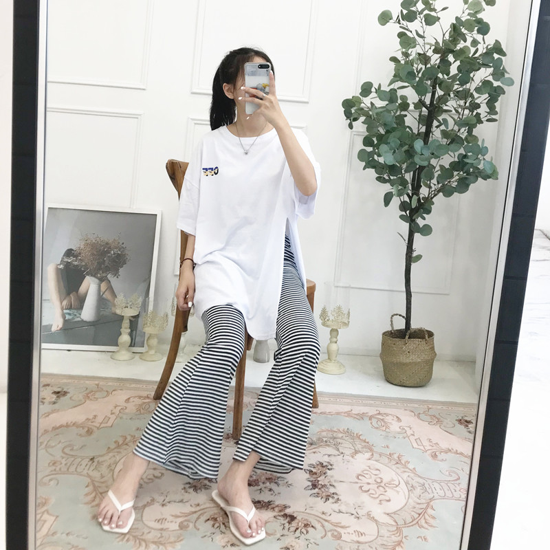 Real Hong Kong Style loose and thin split short sleeve T-shirt casual striped pants two piece set