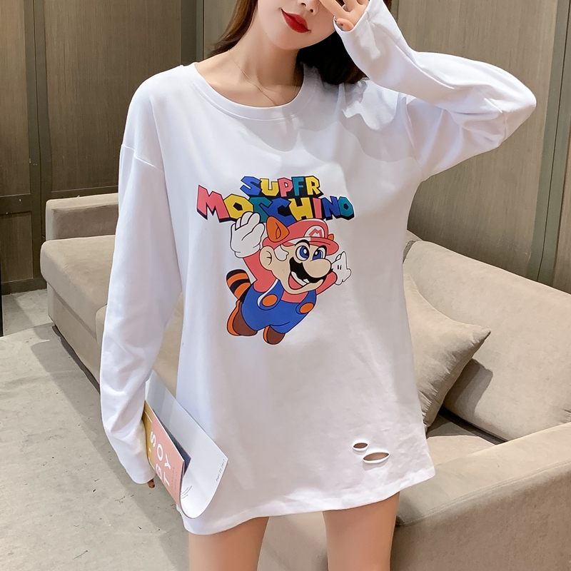 White bottomed blouse for women's versatile Mario loose hole with long sleeve T-shirt blouse