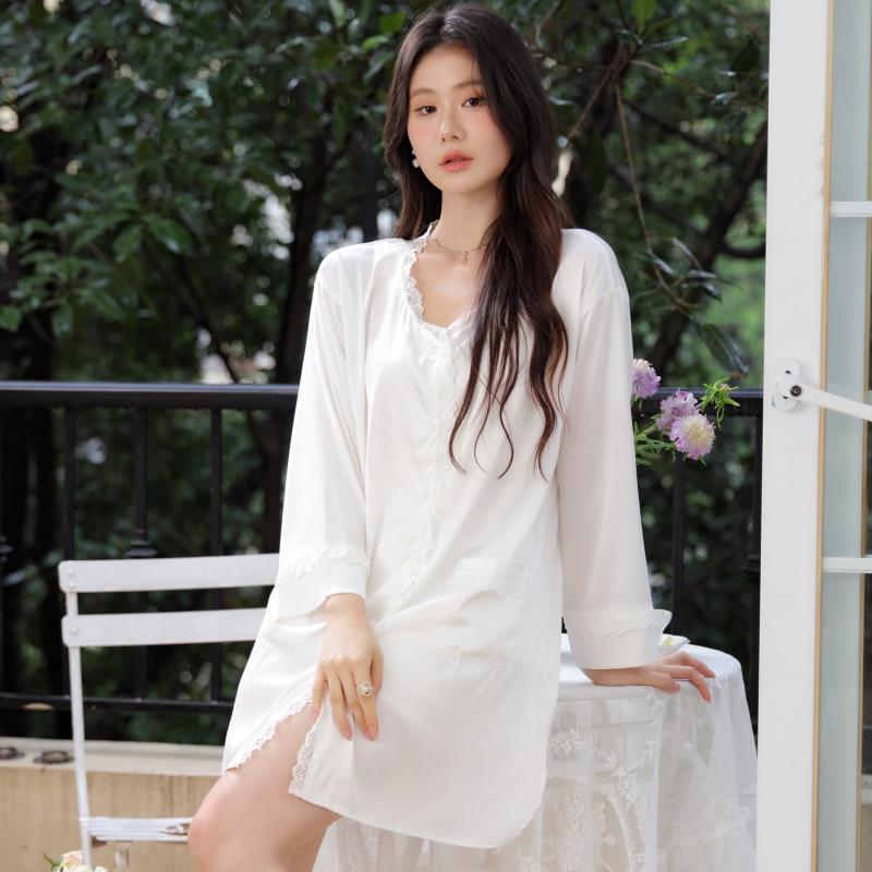 2025年新款春秋长袖纯欲睡衣女蕾丝性感白衬衫夏天高级感冰丝睡裙